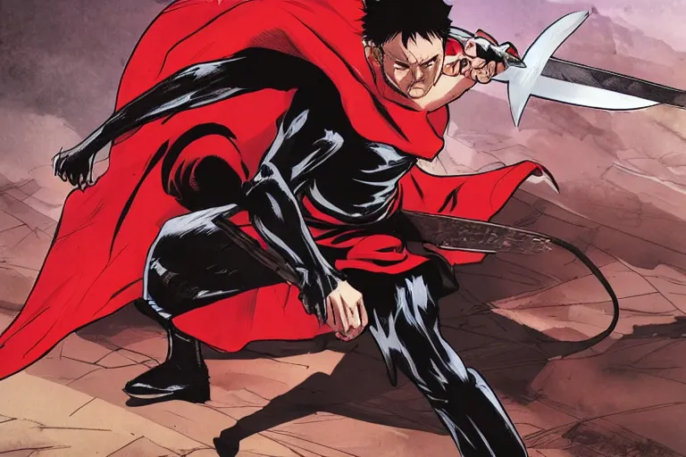 Prompt: a twin blade muscular swordsman, red and black cape and hoodie, scary, intimidating, worn out clothes, torn clothes, as a panel of a Marvel comic