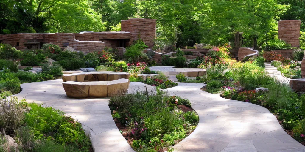 Image similar to small award winning patio designed by frank lloyd wright, with award winning stone work, lots of plants and flowers, on a sunny day, photo