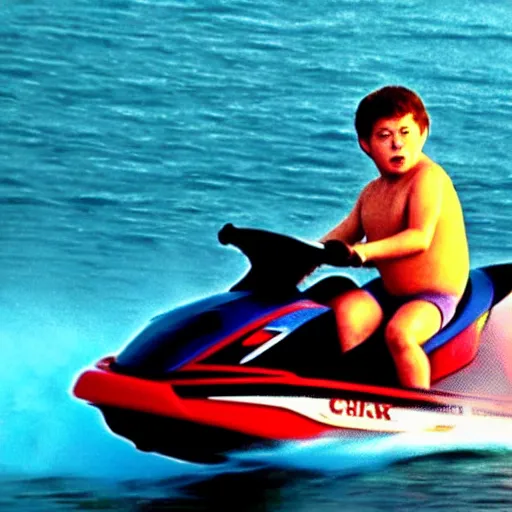 Image similar to photo of chunk from “the goonies” riding a jetski and giving “sign of the horns” 8k