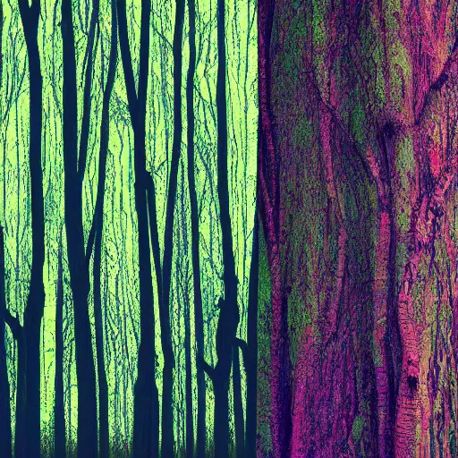 Prompt: Digitally corrupted forest trees, data loss