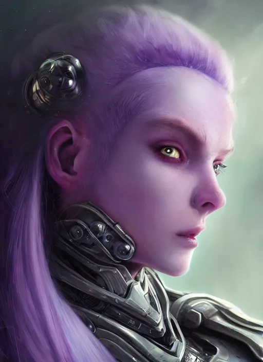 Image similar to a hyper detailed face portrait, extreme close up of a pale woman with purple hair in sci - fi cybernetic armor, sylvanas windrunner, sideshow figurines, by tom bagshaw, artgerm, dorian cleavenger, greg rutkowski, wlop, astri lohne, zdzisław beksinski trending on artstation