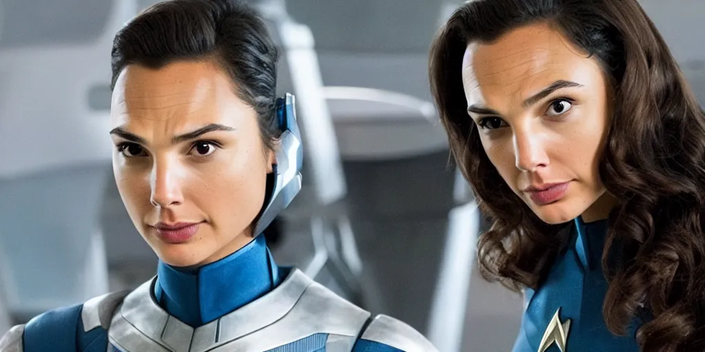 Image similar to Gal Gadot, in full starfleet uniform, is the captain of the starship Enterprise in the new Star Trek movie