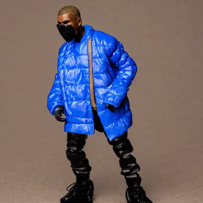 Image similar to a action figure of kanye west using full face - covering mask with small holes. a small, tight, undersized reflective bright blue round puffer jacket made of nylon. a shirt underneath. jeans pants. a pair of big rubber boots, figurine, detailed product photo, 4 k, realistic, acton figure, studio lighting, professional photo