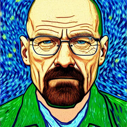 Prompt: portrait of Walter white in the style of can Gogh's autoportrait