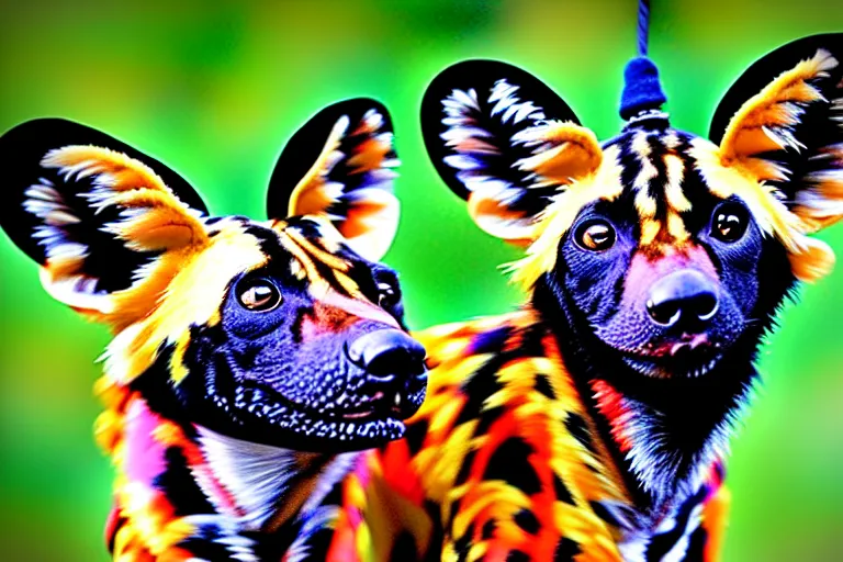 Image similar to A photo of the world's greatest showman: the african painted dog dressed in a hat!