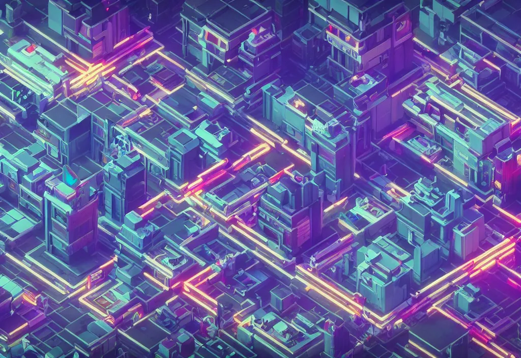 Image similar to isometric voxel cyberpunk city, cinematic lighting, 4k