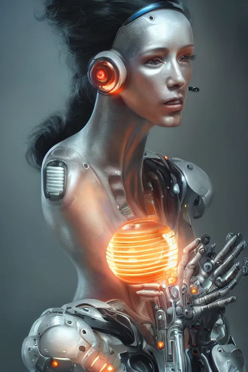 Image similar to a realistic detailed beautiful portrait of a cybernetic woman,glowing orb in her mouth, cyberpunk concept art, digital art, highly detailed, intricate, sci-fi, sharp focus, Trending on Artstation HQ, deviantart, unreal engine 5, 4K UHD image, hyperrealistic, photorealistic, art by artgerm and greg rutkowski and alphonse mucha