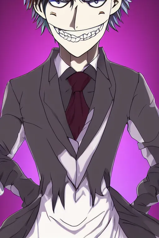 Prompt: anime key, handsome man with evil eyes and grin on his face, very accurate and detailed,