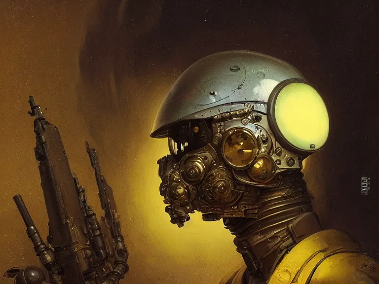 Image similar to a detailed profile oil painting of a humanoid soldier with reflective visor, flight suit, portrait symmetrical and science fiction dieselpunk theme with aurora lighting by beksinski carl spitzweg and tuomas korpi. baroque elements, full-length view. baroque element. intricate artwork by caravaggio. Trending on artstation. 8k