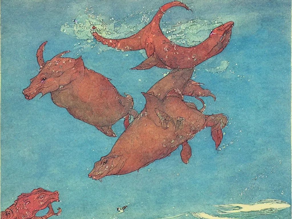 Prompt: an extremely colorful depiction of a hippocampus in the sea, from a book of fairy tales illustrated by edmund dulac