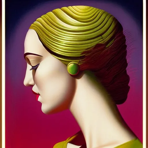 Prompt: colorful art deco portrait, an ultrafine detailed painting by rafal olbinski, thomas cole, behance contest winner, pop surrealism, detailed painting, very detailed, minimalist, skeuomorphic, airbrush art