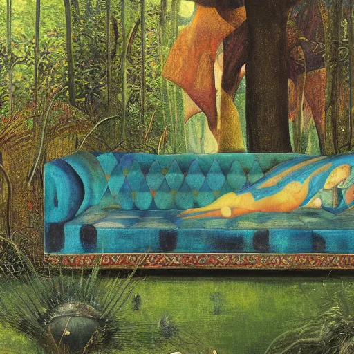 Image similar to psychedelic couch sofa in the lush forest, milky way, designed by arnold bocklin, jules bastien - lepage, tarsila do amaral, wayne barlowe and gustave baumann, cheval michael, trending on artstation, mediterranean, star, sharp focus, colorful refracted sparkles and lines, soft light, 8 k 4 k