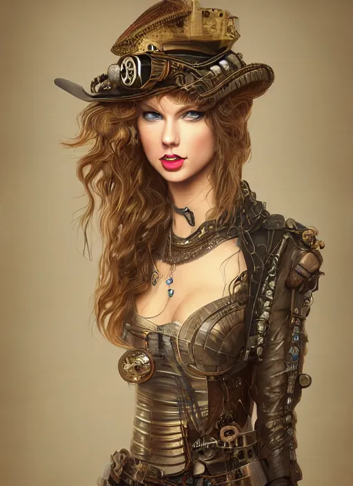 Image similar to steampunk portrait of Taylor Swift, au naturel, hyper detailed, digital art, trending in artstation, cinematic lighting, studio quality, smooth render, unreal engine 5 rendered, octane rendered, art style by klimt and nixeu and ian sprigger and wlop and krenz cushart