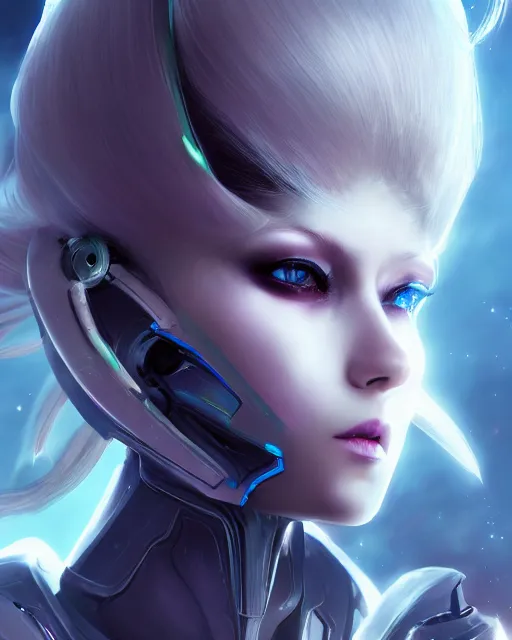 Image similar to perfect android girl on a mothership, warframe armor, beautiful face, scifi, futuristic, galaxy, nebula, raytracing, dreamy, long white hair, blue cyborg eyes, sharp focus, cinematic lighting, highly detailed, artstation, divine, by gauthier leblanc, kazuya takahashi, huifeng huang