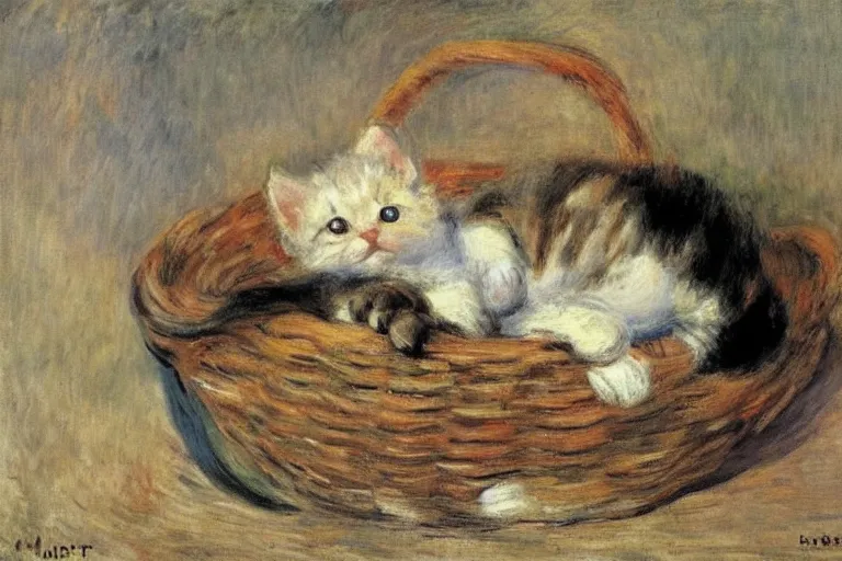 Image similar to a perishing cute kitten coiled up in a basket, snowy outside by Monet, Manet, Renoir