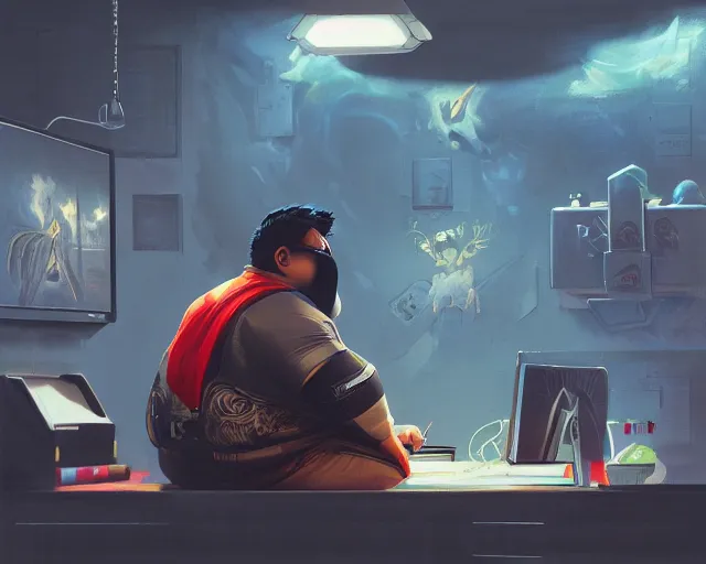 Image similar to an insanely detailed painting of a slightly chubby, nerdy asian man wearing a superhero costume and mask, sitting at a desk, staring at the nervously at the computer and typing, in the style of peter mohrbacher, dramatic lighting and composition, octane render, trending on artstation, concept art, comic book, view from behind