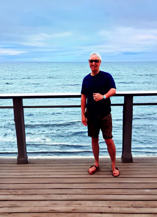 Prompt: iphone selfie of a man on the boardwalk with the ocean in the background