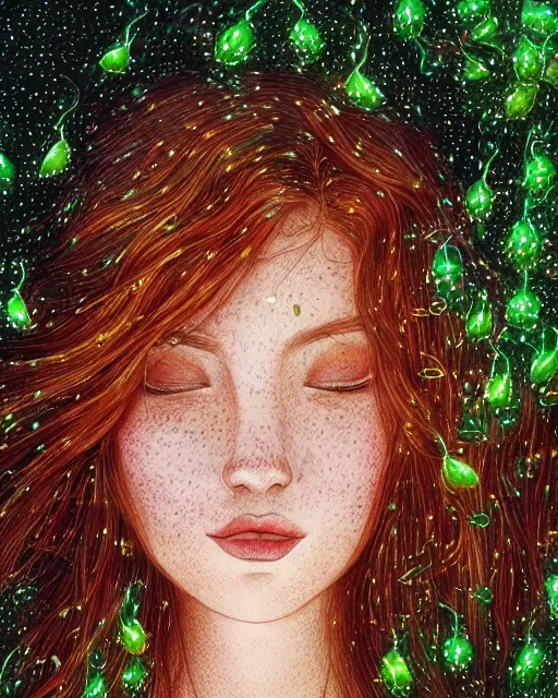 Prompt: a young woman, admiring the lights of golden fireflies, sitting in the midst of nature fully covered, long loose red hair, intricate linework, green eyes, small nose with freckles, oval shape face, soft happy smile, realistic, expressive emotions, mystical scene, hyper realistic ultrafine detailed illustration by james jean and artgerm