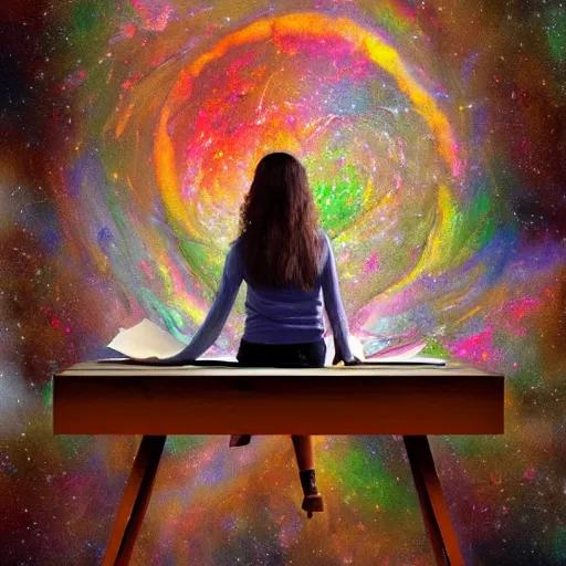 Prompt: a beautiful painting of a cute lady cartographer looking over a large paper map of galaxy spiral psychedelic human consciousness. the map is resting on a wooden table. digital art painting featured on artstation