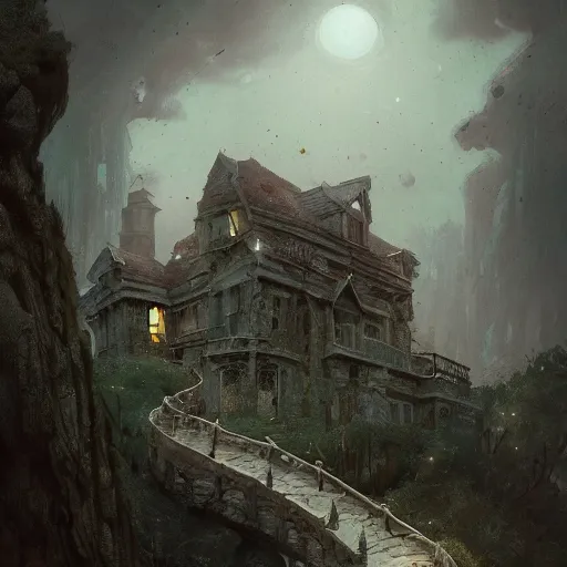 Image similar to unkind haunted house that hasn't been maintained properly sitting atop a narrow cliff on a bouncy hillside, overlooking a grim ocean, digital painting by greg rutkowski and gaston bussiere, trending on artstation, cgsociety contest winner, zbrush, intricately defined, comprehensive art, 4 k