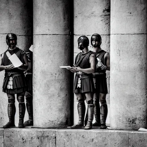 Image similar to photography portrait of a group of roman soldiers holding cell phones, roman empire, leica 1 0 0 mm f 0. 8