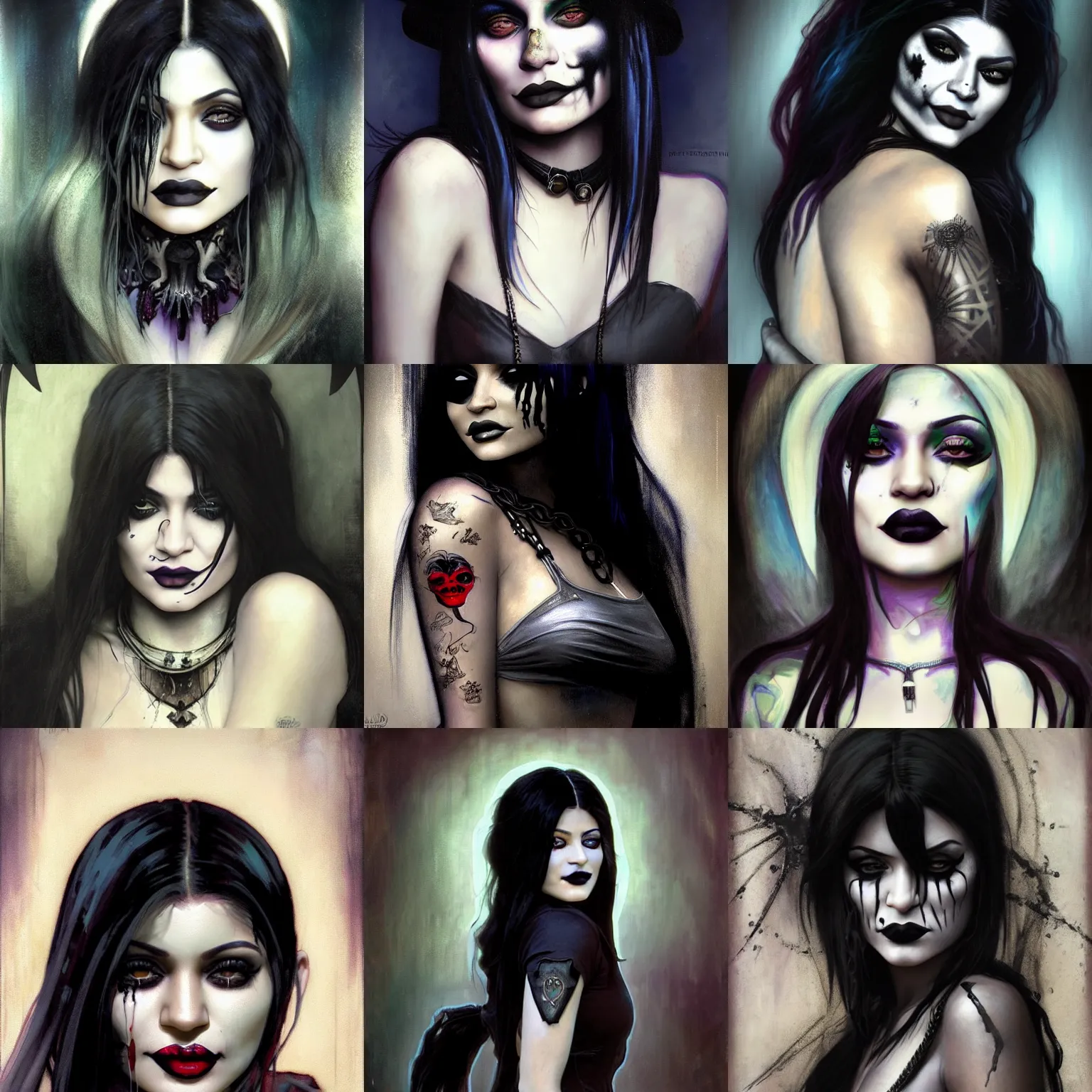 Prompt: beautiful portrait of kylie jenner as death from sandman, smiling, by cedric peyravernay, alphonse mucha, by jeremy mann, by lecouffe deharme, goth chic, ankh symbol, soft lightning, eyeliner, punk rock, high detailed, 8 k