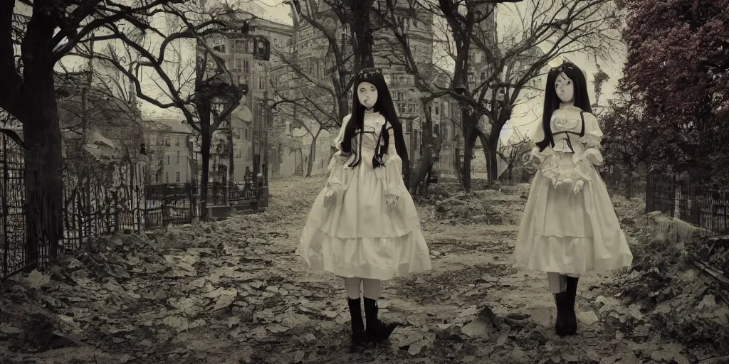 Image similar to beautiful android gothic lolita standing in a city taken over by nature , theme of sadness, melancholy, and dark beauty, high exposure