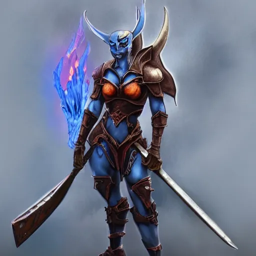 Image similar to disney's gargoyles!!!! female!! warrior! flaming sword ( devilish smile ) ( ( plate armor ) ) ( ( ( shield ) ) ), fantasy painting, concept art, 4 k