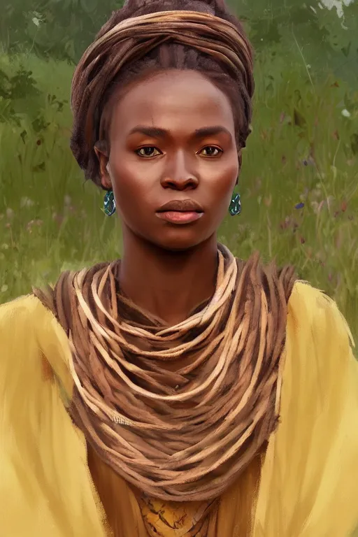 Prompt: rpg character art of an african woman, celtic dress, half body shot, gorgeous face, by jeremy lipking, by studio ghibli, by disney, video game fanart, digital art