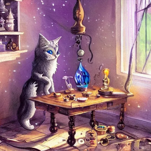Prompt: a full body beautifull witch with white hair in an old room. A mistic cristal ball on a wood table with a potions and old instruments. A cat on the floor licking his paw. in a fantasy style paiting