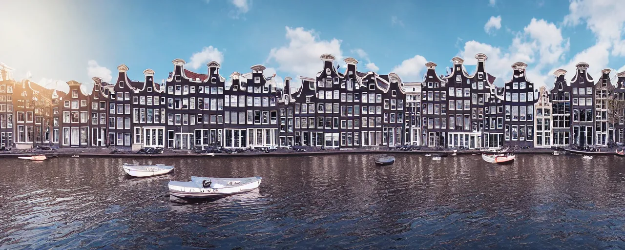 Image similar to view of houses in amsterdam, with water and boats, photography, 3 5 mm, hyper realistic, 8 k, unreal engine, illustration, happy lighting