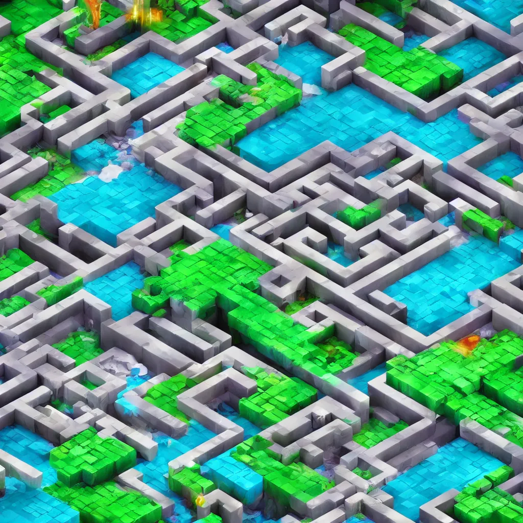 Image similar to wimmelbilder maze made of 80's arcade jungle waterfall level, isometric, white path, octane render, particle effects, unreal engine, very sharp, high contrast