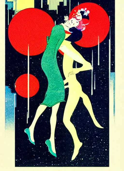 Prompt: a surrealist architectural illustration of two figures dancing in a sea of fireworks by Seiichi Hayashi, 1920s art deco, by Telemaco Signorini, vintage postcard, a vintage anime 70s comic book watercolor by Dean Ellis and by Hiroshi Yoshida