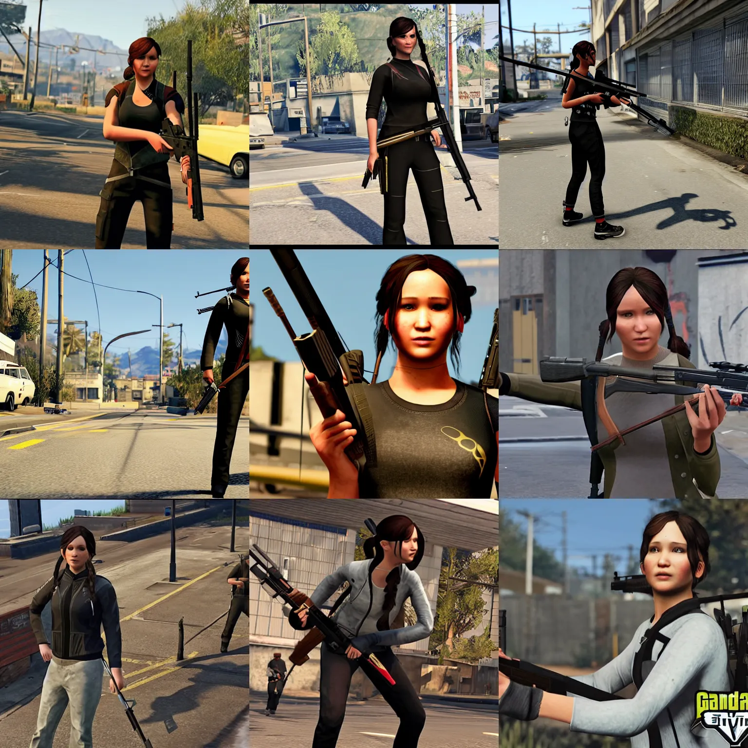 Prompt: Katniss Everdeen wearing a tracksuit and holding a rifle, as a gang leader, screenshot from the game 'Grand Theft Auto 5'