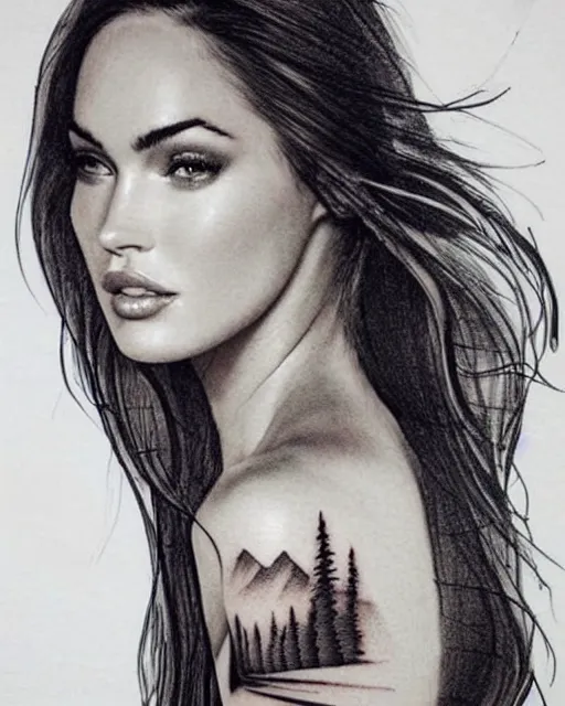 Image similar to creative double exposure effect tattoo design sketch of megan fox with beautiful mountains, realism tattoo, in the style of andrey lukovnikov, amazing detail, sharp