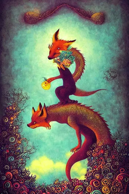 Image similar to surreal hybrid dragons and foxes, nostalgia for a fairytale, magic realism, flowerpunk, mysterious, vivid colors, by andy kehoe, amanda clarke