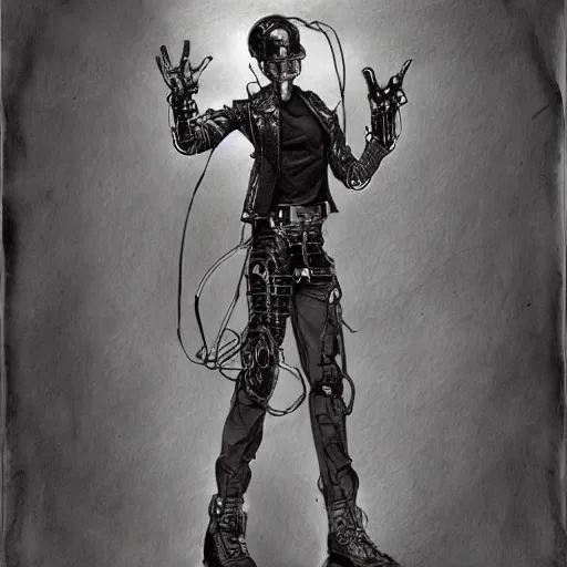 Image similar to cyborg male, slim, short hair, small scar on the chin, leather jacket with steampunk elements, one robotic arm and big shoes, book cover, deep shadows, by Dave McKean sketch lineart for character design