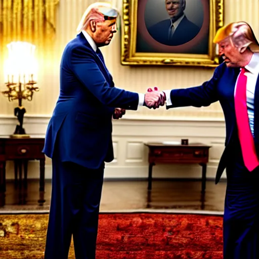 Image similar to joe biden handshakes donald trump ultra realistic, lens flare, atmosphere, glow, detailed, intricate, full of colour, cinematic lighting, trending on artstation, 4 k, hyperrealistic, focused, extreme details, unreal engine 5, cinematic, masterpiece, ultra realistic, hyper realistic, highly detailed, sharp focus, digital art