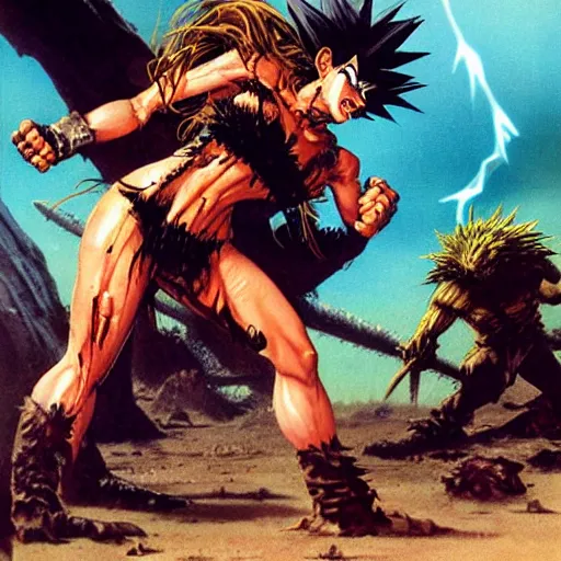 Image similar to Savage battlescarred Saiyan warrior girl, cavewoman, wild spiky black electrified hair, pelt, torn clothing, savage cloak, scars of battle, bloody, electrical aura, scimitar, primeval fantasy, prehistoric fantasy, orcs, goblins attacking, 1980s pulp fantasy, art by Frank Frazetta and Boris Vallejo