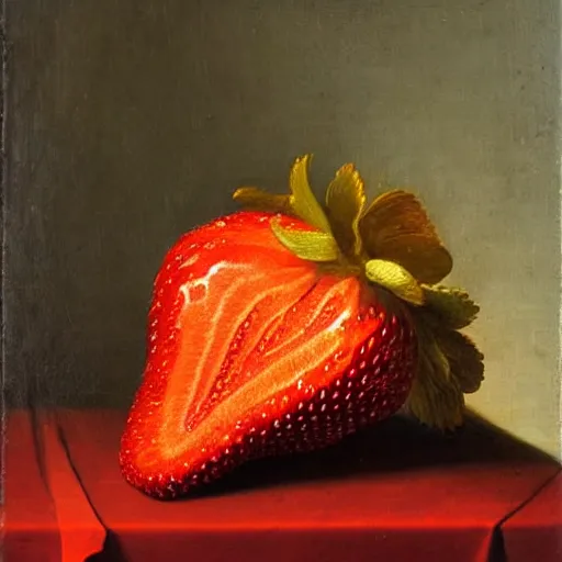 Prompt: giant strawberry in still life. dutch masters, 1 8 th century. oil on canvas. impossibly large, juicy, fresh, delicious, mouth - watering