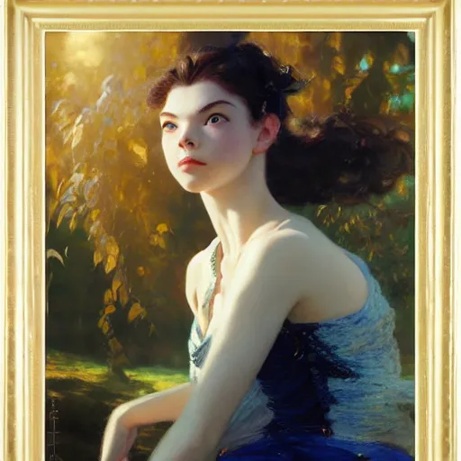 Image similar to detailed high fashion studio portrait of an anime anya taylor joy, eyes closed, sun light, painting by gaston bussiere, craig mullins, j. c. leyendecker