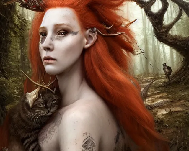 Image similar to 5 5 mm portrait photo of an armored gorgeous aesthetic redhead woman warrior with a face tattoo and antlers growing from her head and cat on her shoulder, in a magical forest in the style of luis royo. art by greg rutkowski. highly detailed 8 k. intricate. lifelike. soft light. nikon d 8 5 0.