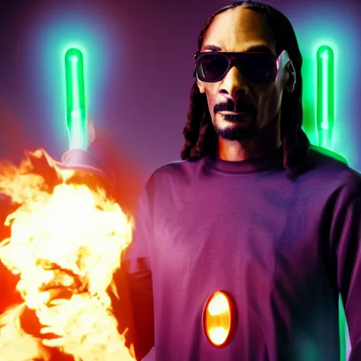 Image similar to cinematic film still of Snoop Dogg starring as a futuristic Marvel Super Hero holding green fire, 2022, 40mm lens, shallow depth of field, film still