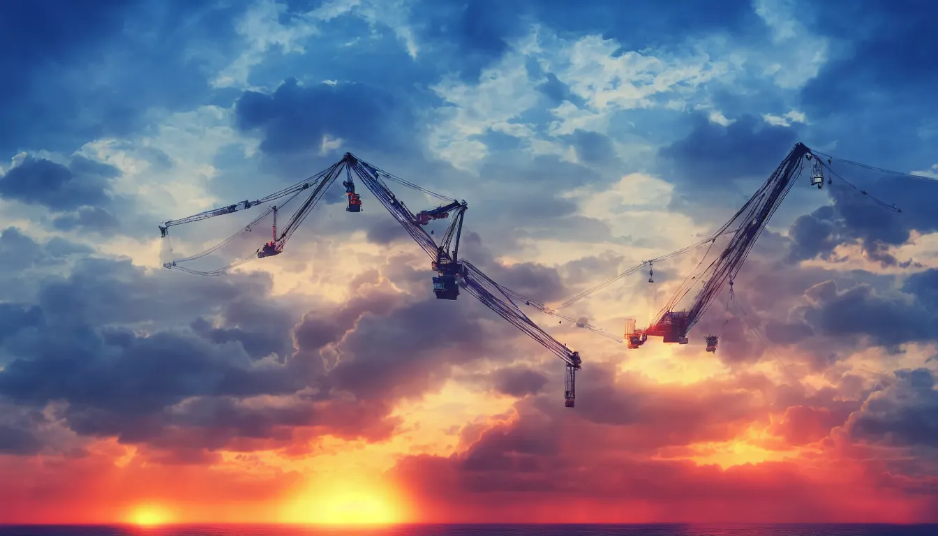 Image similar to huge machine cranes , feedback loop , burst of powders ,volumetric lighting, twisting vapour, bellowing dust , emerging seascape and beautiful sunset , full colour , upscale , 4k