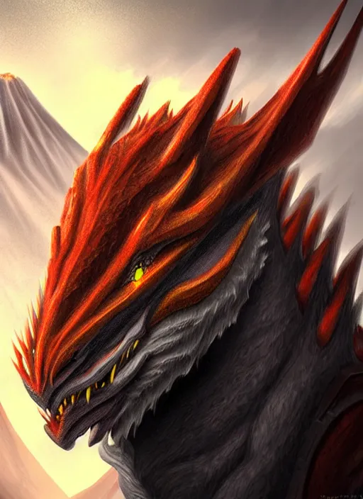 Image similar to ''face portrait furry handsome dragon, volcano landscape, fantasy, d & d, sharp focus, digital painting, concept art, art by dragolisco''