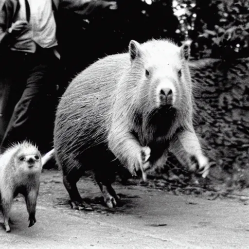 Prompt: Scared Karl Marx running away in panic from Capybara, photo, 1960