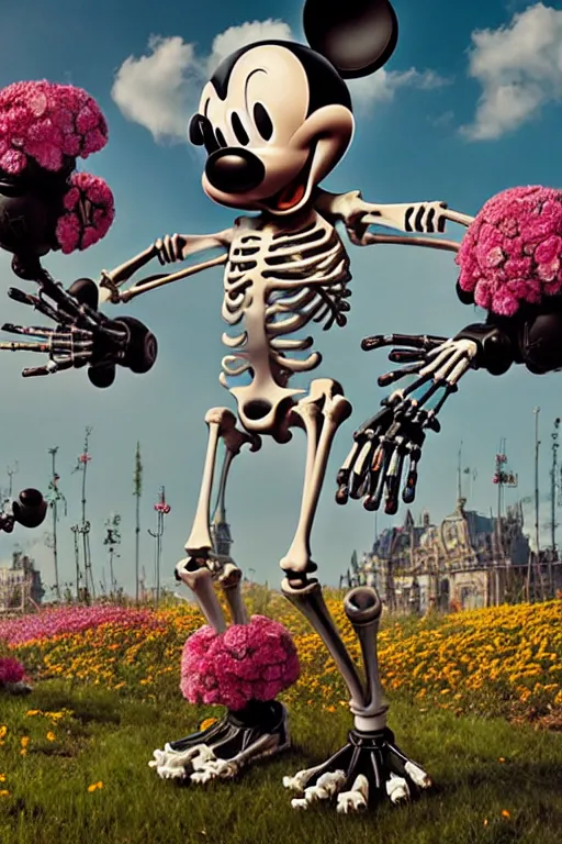 Image similar to a skeletal, mickey mouse made out of flowers and bones, taking a giant robot for a walk by beeple, nychos and arcimboldo, highly detailed, rendered in octane