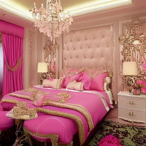 Prompt: the most luxurious bedroom fuzzy walls pink decor expensive studio lighting intricate details carvings on walls king sized bed