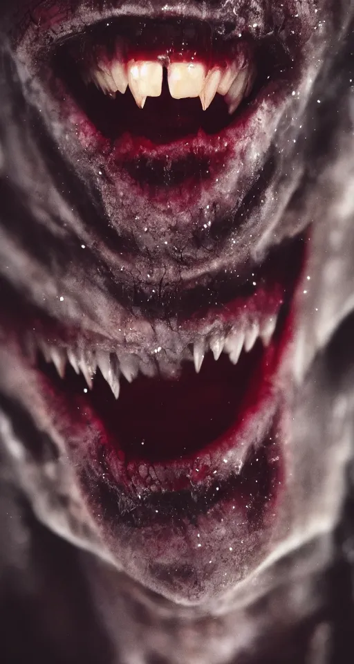 Image similar to up close shot of vampire fangs, vampire human, winter, dark scenery, dark lighting, cinematic, cold freezing nights, laser lights, crybernetic, top floor boss shit, destroy lonely, black floor, lavish, luxurious, marble walls, cinematic, hyper realism, high detail, octane render, 8 k