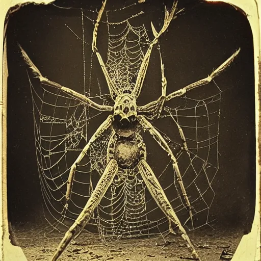 Image similar to 1860 photo of an ancient fractal spider-woman-demon on an abandoned factory on the middle of a forest, spooky , devouring the human soul, veins, arteries, intricate, golden ratio, full frame, microscopic, elegant, highly detailed, ornate, ornament, sculpture, elegant , luxury, beautifully lit, ray trace, 3d, PBR